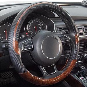 Wood Grain Steering Wheel Cover Black Microfiber Leather, 14 1/2-15 inch